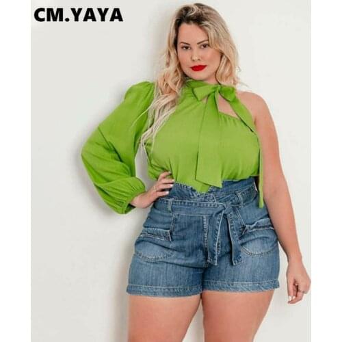CM.YAYA Women T-shirts Solid One Shoulder Full Sleeve Bandage Skew Collar Tops Office Lady High Street Fashion Clothing 2021
