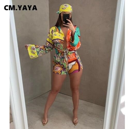 CM.YAYA Women Set Print Full Flare Sleeve Shirts Tops Drawstring Waist Shorts Two 2 Piece Sets Fashion Outfit Tracksuit Summer