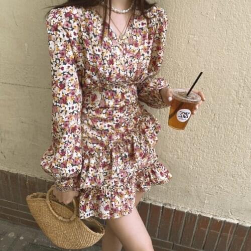 Vintage Sexy V Neck Floral Mini Dress for Women Party Little Guy All-match Autumn 2021 Hot Sale Lady Sweet Ruffle Dress Elegant