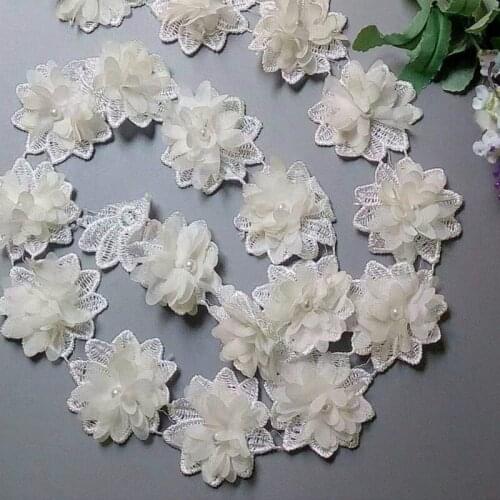2 yard White Soluble Chiffon Pearl Flowers Embroidered Lace Trim Ribbon Fabric Sewing Craft For Costume Wedding Dress Decoration