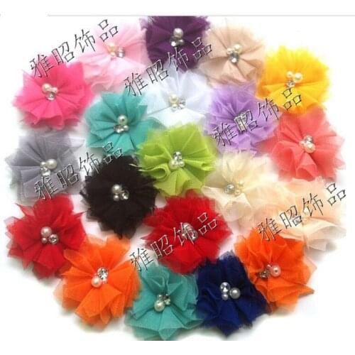 2018 b aby 2.5inches Mini Tulle Mesh Flowers With Rhinestone Pearl Center Poof Flowers headband Accessories 300pcs