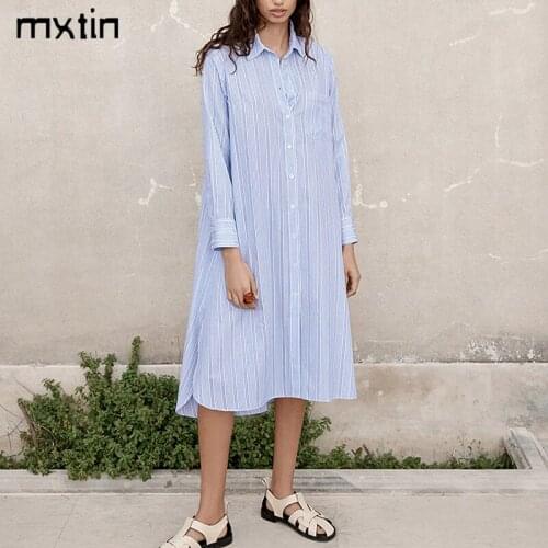 2021 Women Summer Fashion Single Breasted Stripe Midi Dress Vintage Pocket Long Sleeve Female Party Dresses Vestidos Mujer