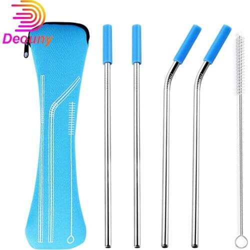 DEOUNY 6Pcs Reusable Stainless Steel Straws With Travel Case Cleaning Brush Silicone Tips Eco Friendly Metal Straws Drinking
