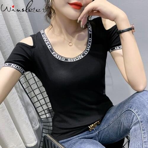 Summer European Clothes T-Shirt Pullover Fashion O-Neck Letter Sexy Off Shoulder Women Tops Short Sleeve All Match Tees T14030A