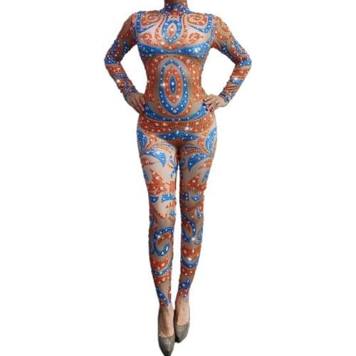 Female Singer Festival Party Jumpsuit Nightclub Gogo Dancer Stage Performance Long Sleeve Rhinestone Clothes Rave Outfit DWY5969