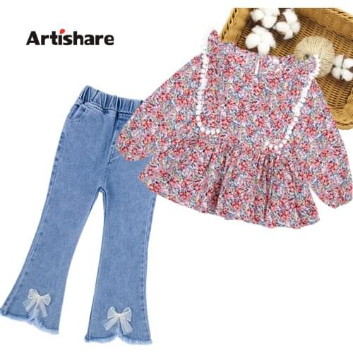Children Clothes Floral Pattern Costume For Girls Tshirt + Jeans Girls Sets Clothing Casual Style Childrens Tracksuits