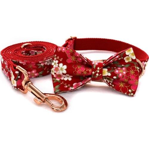 Nice chinese red flower bow dog collar leash engrave free pet necklace straps for medium big small dogs rose gold buckle bowknot
