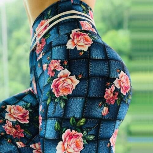 Denim Square Rose Digital Print Legging Slim High Waist Fitness Women Pants Women Sexy Skinny Leggings 2019 New Hot explosions