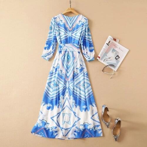 Summer 2021 Women Spring Runway Fashion 3/4 Lantern Sleeve Blue Geometric Print Elegant Party Holiday Dress