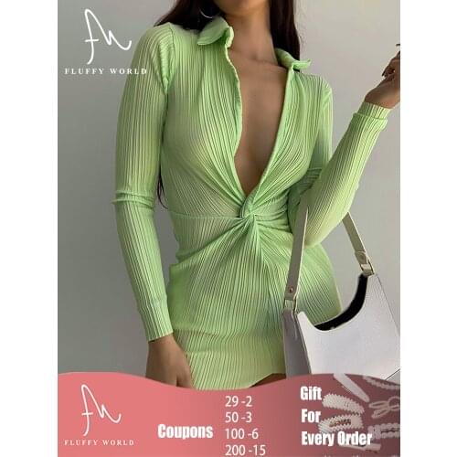 Summer Long Sleeves Mini Dress Women Solid Color Turndown Collar Irregularity Pleated Twist Club Party Dress Sexy Office Casual