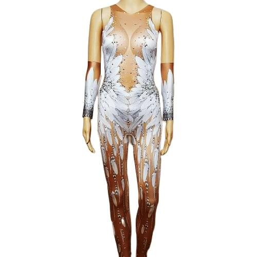 Fashion Role Playing Costumes Long Sleeve White Feather Pearls Diamonds Jumpsuits Evening Prom Party Performance Stage Wear