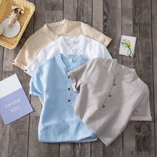 4-color Mens Linen T-shirt 2020 Summer New Fashion Casual Solid Color Buckle Chinese Style Short Sleeve Shirt Tee Brand Clothes