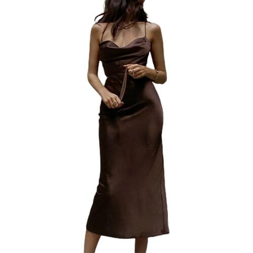 2021 New Women Tie-up Backless Dress Adults Solid Color Cowl Neck Cross Strap Red/ Purple/ Green/ Brown