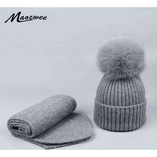 New Knitted Winter Hat Scarf Set Skullies Real Fox Fur Pompom Women Thick Beanies and Scarf Female Knitted Winter Girls Gift
