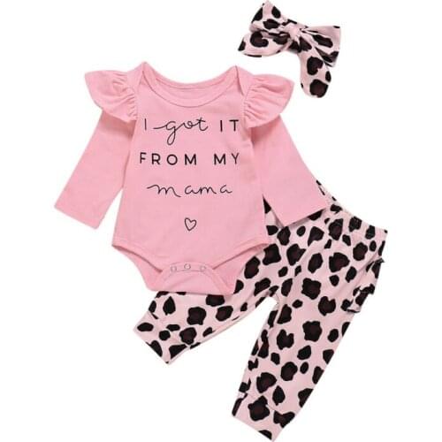 Toddler Girl Clothes 2020 Newborn Infant Baby Girl Clothes Ruffle Letter Print Bodysuit Leopard Pants Leggings 3pcs Outfit