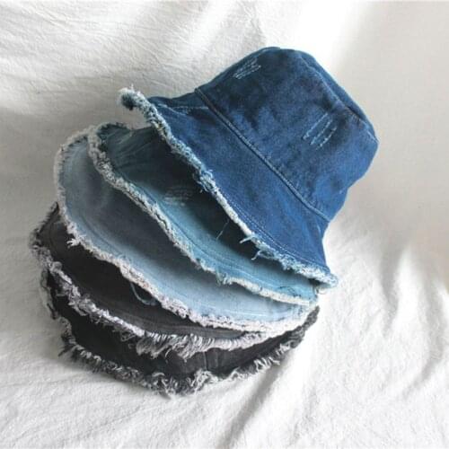 Japanese Style Women Men Washed Denim Cotton Bucket Hat Vintage Distressed Fringe Tassels Brim Sunscreen Foldable Fisherman Cap