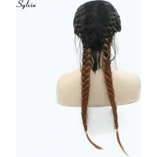 Sylvia Natural 2x Twist Braids Wig Black Ombre Brown Two Colors Long Synthetic Lace Front Wigs with Baby Hair Heat Resistant 24"