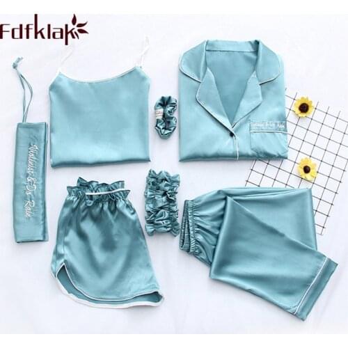 Fdfklak Home Clothes Sexy Pijama 7 Pieces Silk Pajamas For Women Night Suit Sleepwear Sets Pyjamas Women Spring Summer Q1047