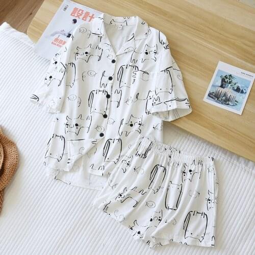 Cute Cartoon Cat 100%Cotton Pajamas For Women New Summer Short Sleeve Shorts Lounge Sets Female Casual Loose Oversized Homewear