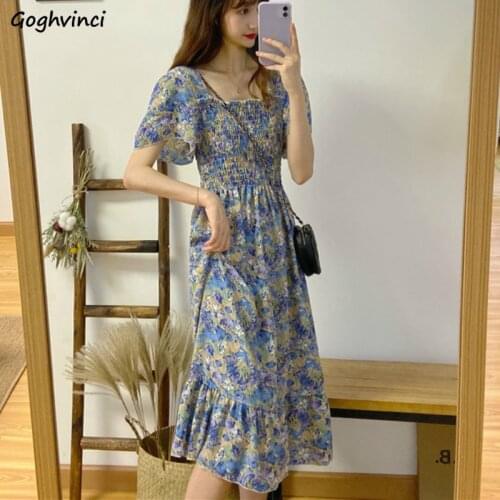 Short Puff Sleeve Dress Women Floral Retro Sweet Square Collar Pleated Chiffon Elegant Slim Females Dresses Kawaii Vestidos Chic