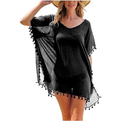 Multi-colored Women Summer Plus Size Bikini Cover Up Dress Female Loose Tassel Beachwear Dress Smock Blouse Cover-Ups