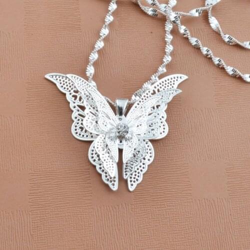 Chic Silver Color Butterfly Metal Hollow Pendants & Necklaces Elegant Women Sweater Long Chain Collares Jewelry Wholesale