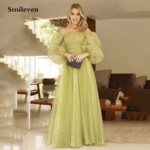 Smileven Fairy Green Formal Evening Dresses Off Shoulder Puff Sleeve Creasing Organza Prom Party Gowns Long A-Line Prom Dresses