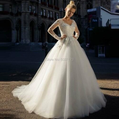 2020 A Line Wedding Dresses Long Sleeves Bridal Wedding Gown V Neck Open Back Sweep Train Vestido De Noiva Mariage Custom Made