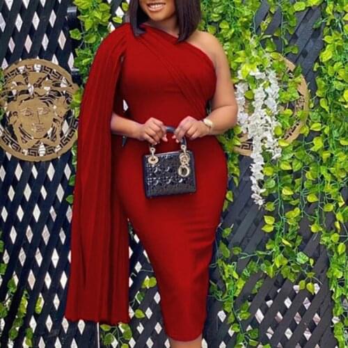 Party Dress Women Plus Size 4XL 5XL Ladies Red Elegant Celebrity Sexy One Shoulder Ruched Ribbon Bodycon Dinner Date Out Night