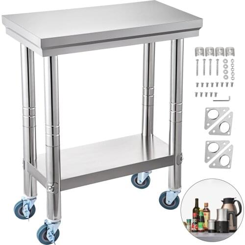 VEVOR Commercial Kitchen Work Table with 4-Wheels Flexible Adjustment Shelf Stainless Steel Food Prep Workbench for Restaurant