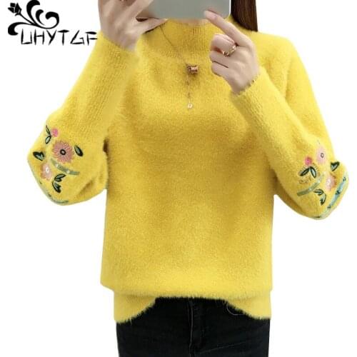 UHYTGF Knitted autumn winter sweater women embroidered mink cashmere sweater women turtleneck pullover Elastic warm sweaters 624
