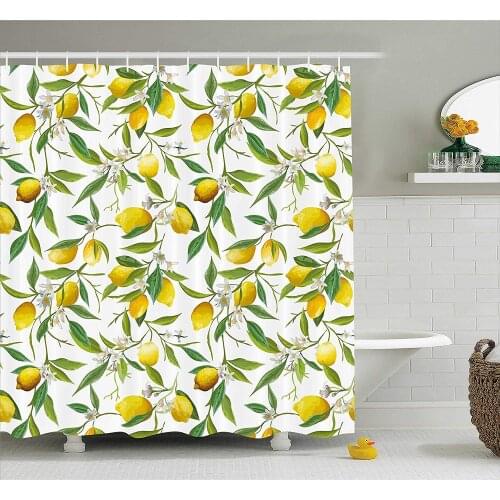 Nature Shower Curtain, Flowering Lemon Woody Plant Romance Habitat Citrus Fresh Background, Fabric Bathroom Decor Set with Hooks