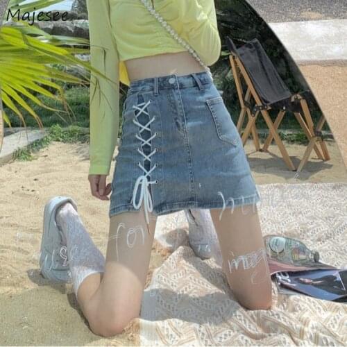 Skirts Women Denim Bandage Summer New Empire Sexy Casual Classic Holiday Vintage Clothing Blue Streetwear Side-slit Above Knee