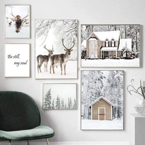 Winter Snow Forest House Deer Landscape Wall Art Nordic Canvas Painting Posters Decoration Home Pictures For Living Room Decor