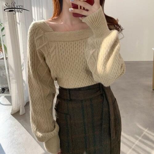 2020 Winter Fashion Twist Solid Loose Slimming Knitted Sweet Women Elegant Square Collar Sweater Pullover Tops Pull Femme 11121