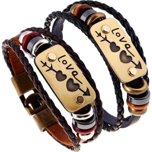 2Pcs / lot New lovers Bracelet Charm Double Heart Love Leather Bracelet Fashion Cheap Couple Jewelry For Men and Women