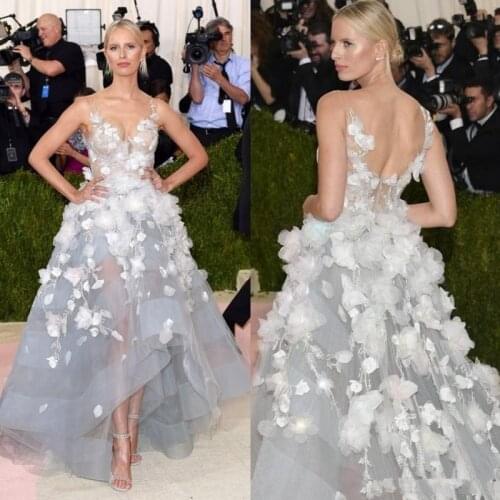 2019 High Low Organza Prom Dresses with 3D Floral Appliques Vintage Backless Prom Gowns High Quality