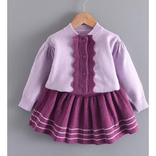 27KIDS Girl Winter Autumn Purple Princess Knitted Skirt Tutu Dress Kid Clothes Children Clothing Party Style Casual Dresses Sets