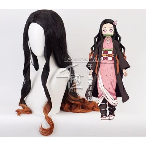 42'' 105cm Long Demon Slayer Nezuko Kamado Cosplay Wigs Kimetsu no Yaiba Heat Resistant Hair Cosplay Costume Wigs + Free Wig Cap