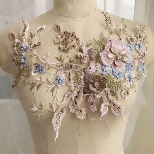 5 Colors Pearl Beaded 3D Flowers Diy Patch Lace Applique Sew On Patches Wedding Dress Decor Floral Patch Costume LNY9179