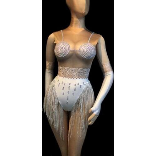 Flashing Crystals Tassels Sleeveless Bodysuit Sexy Nightclub Women Singer Jazz Dance Costume Bar Party DJ Performance Stage Wear