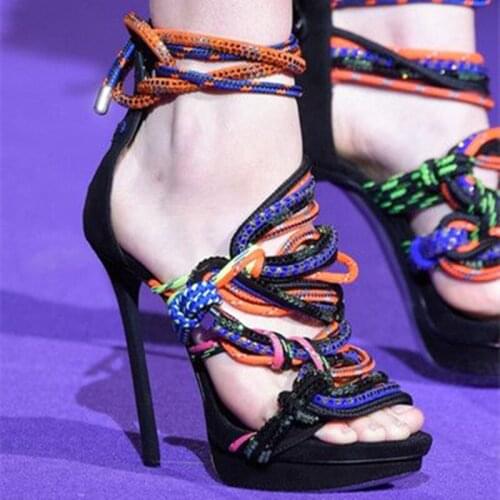 Europe 2020 Black Mixed Color Stiletto Heels Open Toe Ladies Summer Sandals Weave Rope Knot Hollow Out Gladiator Women Sandals
