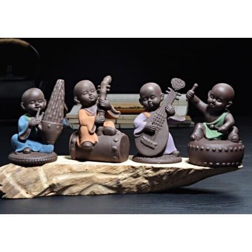 Color Sand Pottery Purple Sand Fine Tea Pet Kung Fu Tea Art Small Ornaments Blowing Pull Playing and Singing Little Monk Tea Set