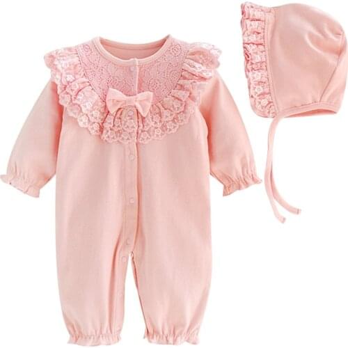 2Pcs New Baby Girl Princess Flower Print Romper Jumpsuit+Hat Set Cute Jumpsuit Sets Girls Lace Outfits Long Sleeve Cute Clothes