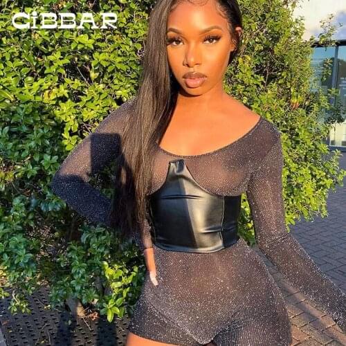 CIBBAR Solid Bright Silk Two Piece Sets Women Bandage Strapless Corset And Pullover Long Sleeve Rompers Suits Elegant Party Wear