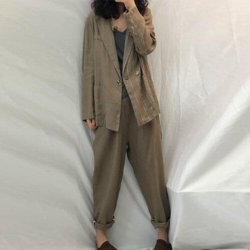 Women Autumn Striped Suits Ladies Linen Jacket+Elastic Waist Pants Ladies Vintage Suits Female Sets 2020