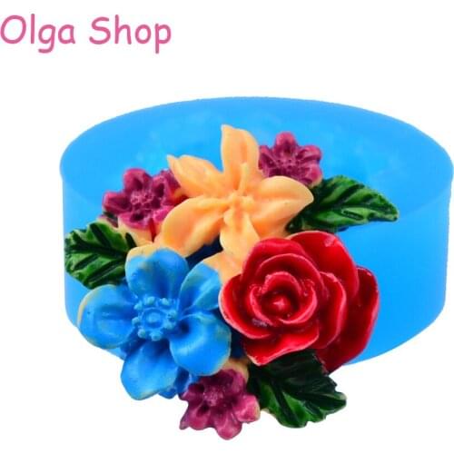 HYL070 21.6mm Colourful Flowers with Leaves Silicone Mold - Flowers Mold Fondant, Cake Topper, Scrapbooking, Jewelry, Resin