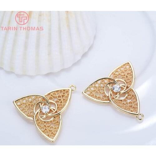 4PCS 21MM 24K Gold Color Brass with Zircon Flowers Charms Pendants High Quality Diy Jewelry Findings Accessories