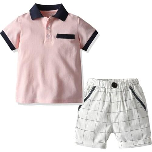 Summer New Baby Boy Lapel Shirt Pink Short-sleeved T Korean Baby Boy Shirt Plaid Shorts Casual Suit