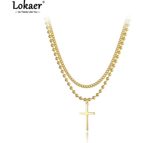 Lokaer Trendy Bohemia Stainless Steel Double Chain Choker Necklace Hiphop/Rock Cross Pendant For Women Collier Femme N21068